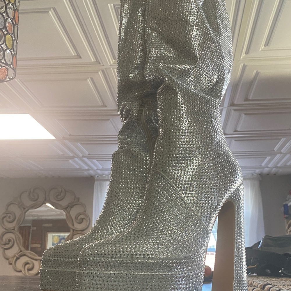 Elegant Silver Bedazzled rhinestone Women's Thigh High platform Boots